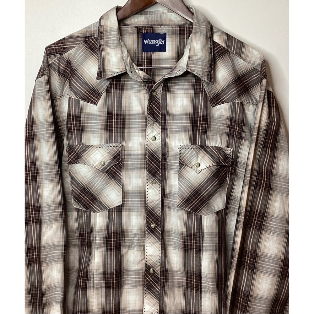 Wrangler Plaid Western Shirt Mens Long Sleeve Brown Beige Cowboy Rodeo